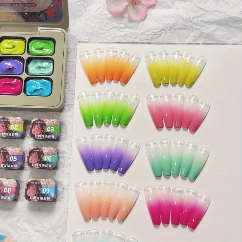 MORDDA 9pcs Rainbow Nail Polish Set - Mini 9-Grid Gel Nail Kit, High Saturation, Long-Lasting, No Alcohol, Gradient Effect, Salon Quality, Perfect Gift for Women