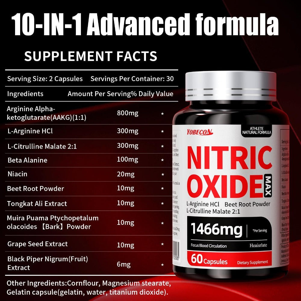 Maximum Load 10-in-1 Nitric Oxide Supplement, Containing 1466 for MG AAKG, L-arginine, L-citrulline, Beetroot, Suitable As A Christmas Gift, Applicable for Office Workers, Fitness Enthusiasts, Adults, Men And Women