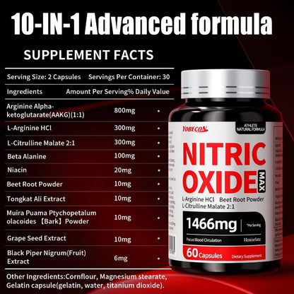Nitric Oxide Supplement 10-in-1 with L-Arginine, L-Citrulline, AAKG & Beetroot - Blood Flow, Endurance & Energy Booster for Men and Women - Pre-Workout Performance Formula