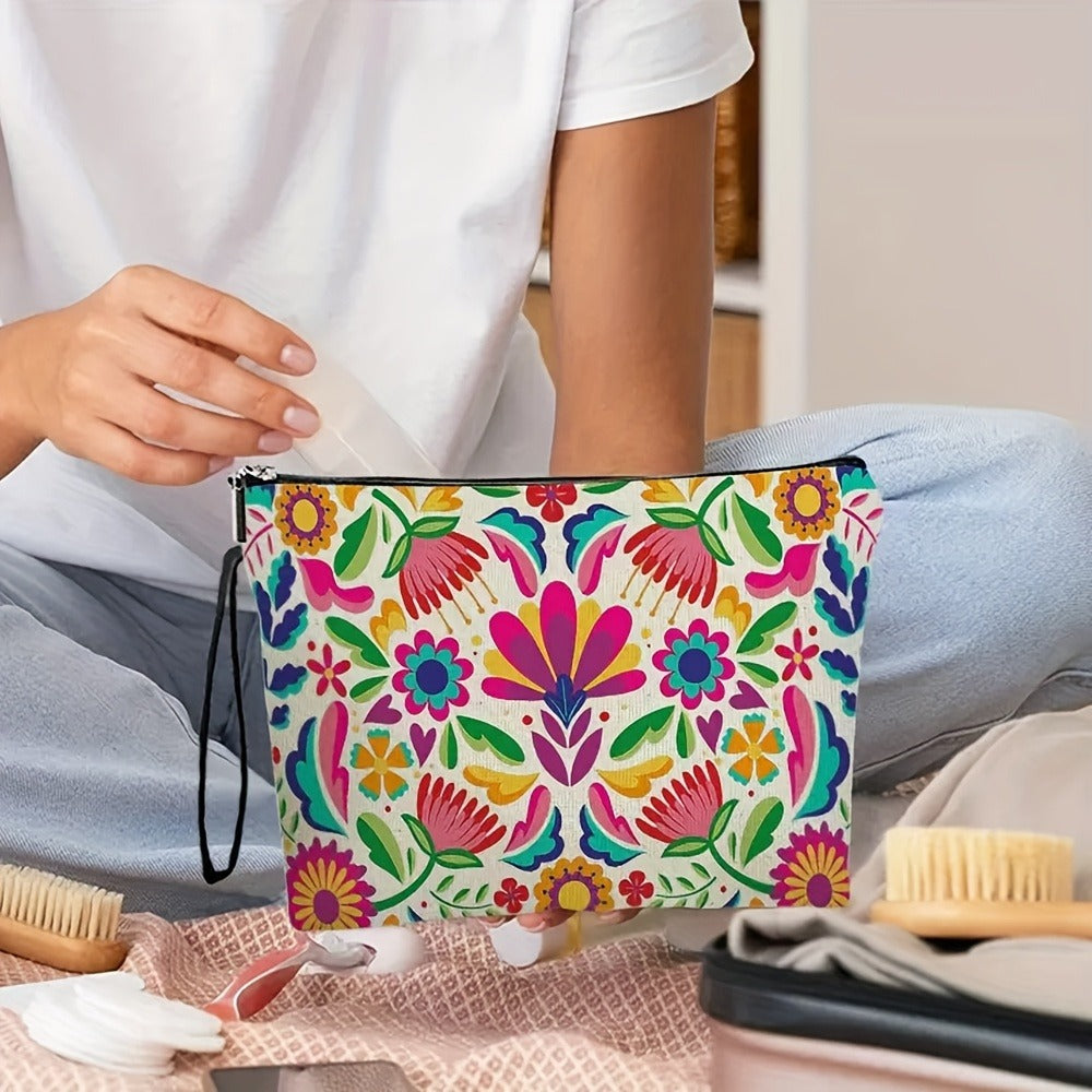 4pcs Vibrant Mexican Botanical Floral Makeup Bags for Women & Men - Large Capacity High Quality Cosmetic Organizers with Durable Zipper, Travel Toiletry Pouches for Vacation, Business, Outdoor - Perfect Birthday & Mother’s Day Gifts