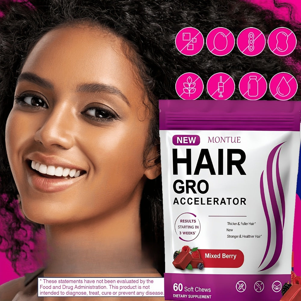 [Hair Gummies 60 Chews] MONTUE Biotin Hair Gummies for Hair Care, Daily Hair Nourishment Supplement with Arginine, Vitamin C & Vitamin E, Mixed Berry Flavor, 60 Soft Chews