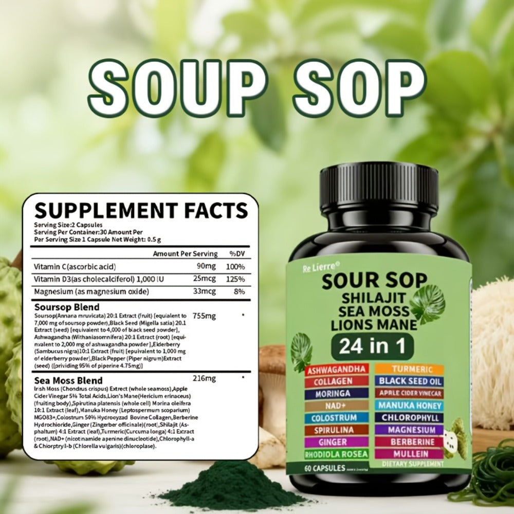 [24in1 Soursop Moss Capsules] Brakme 24in1 Soursop Shila Sea Moss Lions Mane Capsules - 1pc &2pcs, Men & Women Friendly, Supports Intestinal Health &Antioxidant
