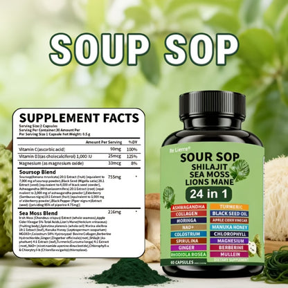 Sea Moss Capsules 24-in-1 with Soursop, Lion's Mane, Shilajit & More — Gut Health, Antioxidant & Immune Support Formula for Men & Women