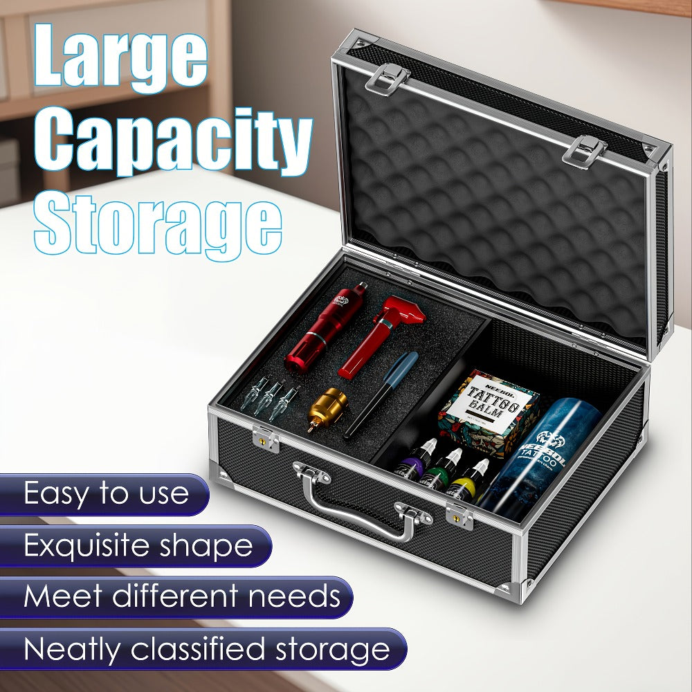 Aluminum Tattoo Case Organizer Large Capacity - Tattoo Kit Storage Box Carrying Case for Tattoo Tools, Nail Art, Makeup & Cosmetics, Portable Travel Train Case, Black