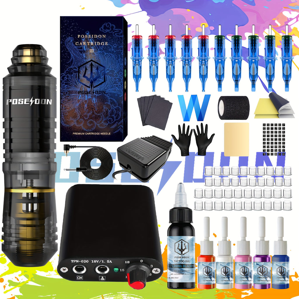Valentine's Day Beauty Tools Gift POSEIDON Rotary Tattoo Kit, Tattoo Pen Kit with 10pcs Tattoo Cartridge Needles, Professional Tattoo Machine Kit with Power Supply, 6 Color Tattoo Inks with Foot Pedal Tattoo Gun for Artists