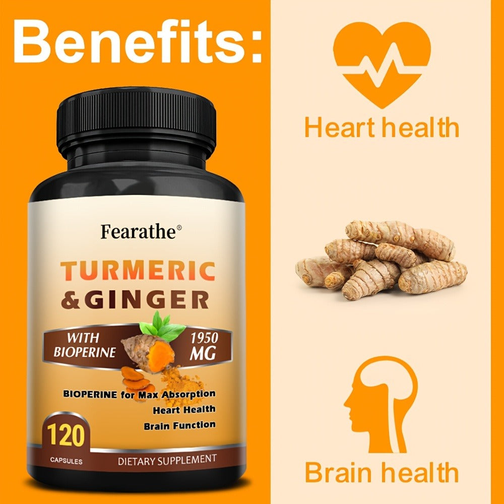 Turmeric And Ginger Supplements - with Black Pepper - Supports Heart And Brain Health - 120 Capsules