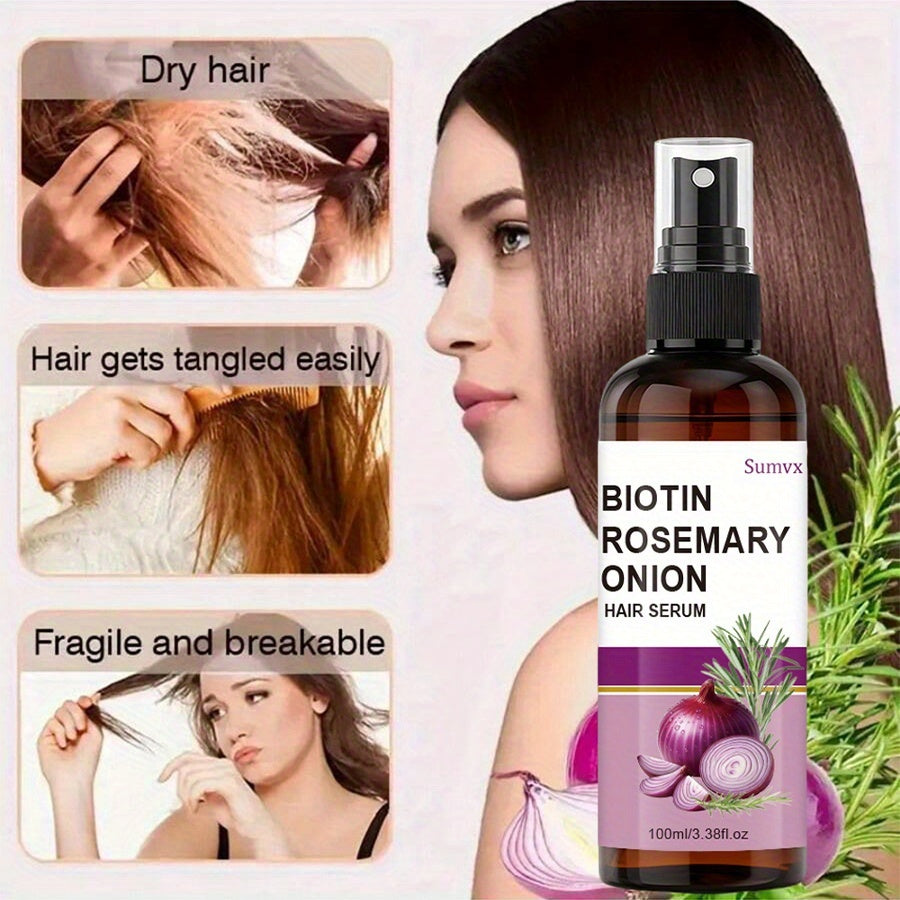 Strengthening Hair Serum Spray with Biotin, Rosemary And Onion Oil - for Damaged, Brittle Hair - Breakage And Frizz, Enhances Shine And Scalp Health - for All Hair Types, Hair Serum, Promotes Growing Hair, Detangling Spray, Leave In Hair Conditioner