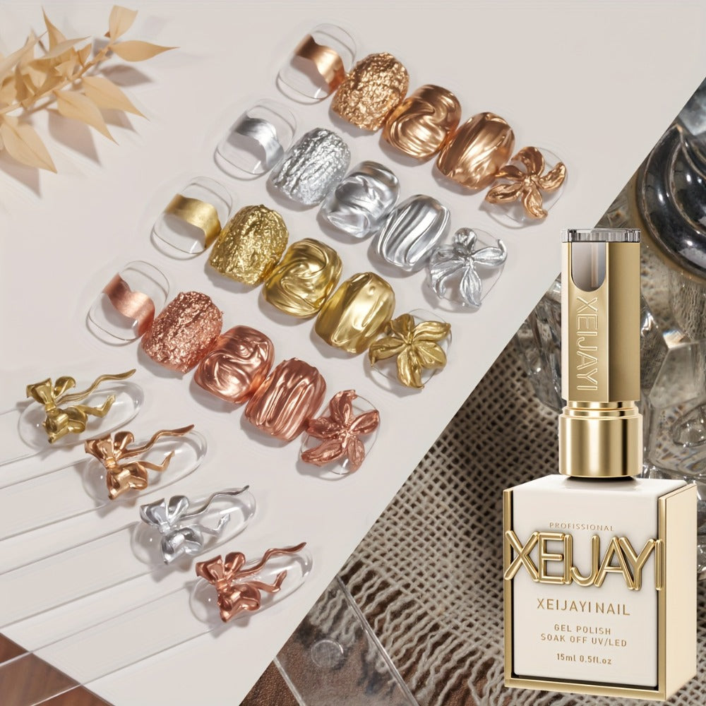 XEIJAYI 2025 New Arrival Nail Art Gel, 4pcs Set, Golden Silvery Metal Finish, High Saturation, No Wipe, Long Lasting, Alcohol Free, Blooming Gel, DIY Nail Art Design for Salon, Nail Art, DIY