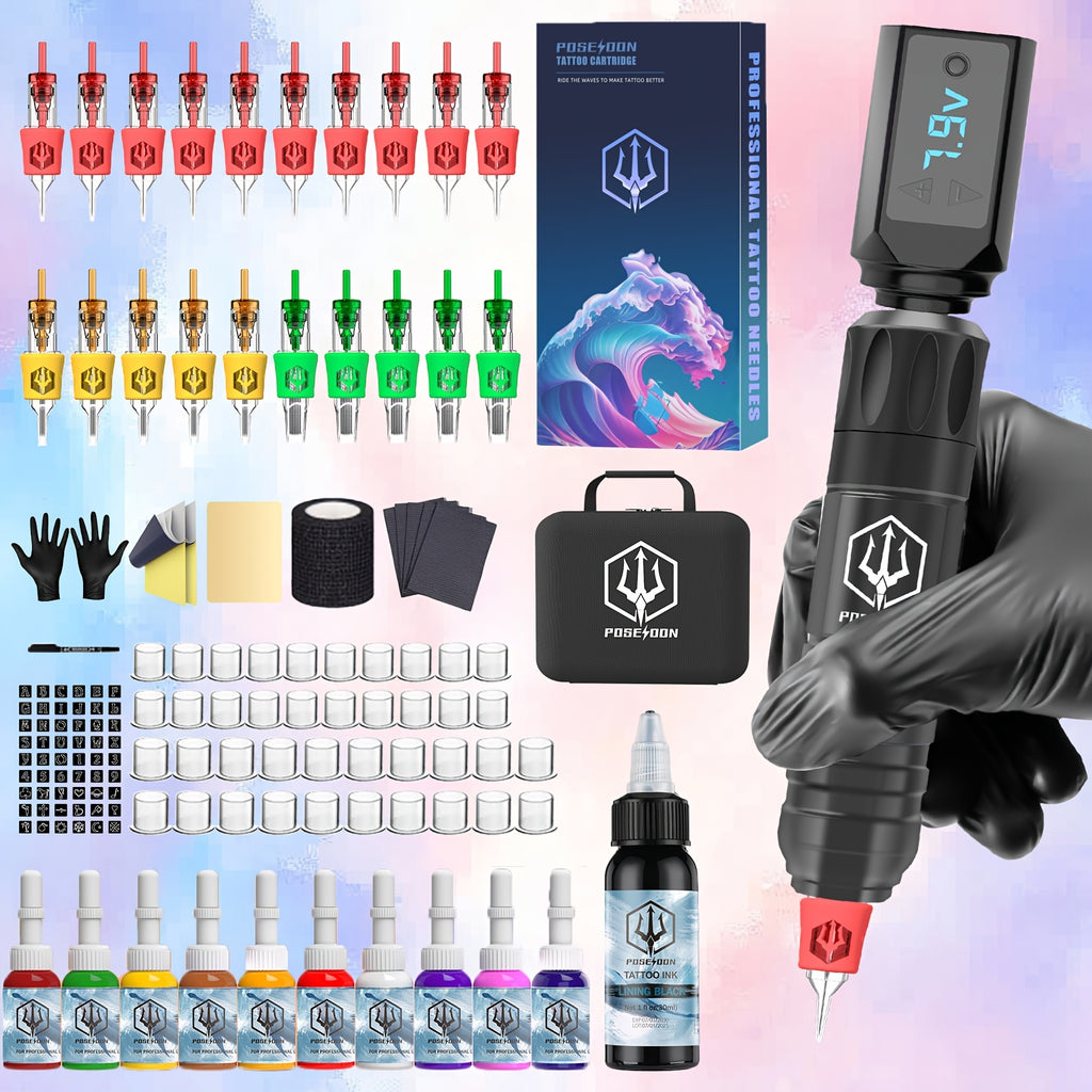 POSEIDON Tattoo Kit - Tattoo Machine Kit Tattoo Gun Kit with 20pcs Cartridge Needles Tattoo Pen Kit for Beginners Rotary Tattoo Machine Pen Kit Complete Tattoo Kit Tattoo Supplies