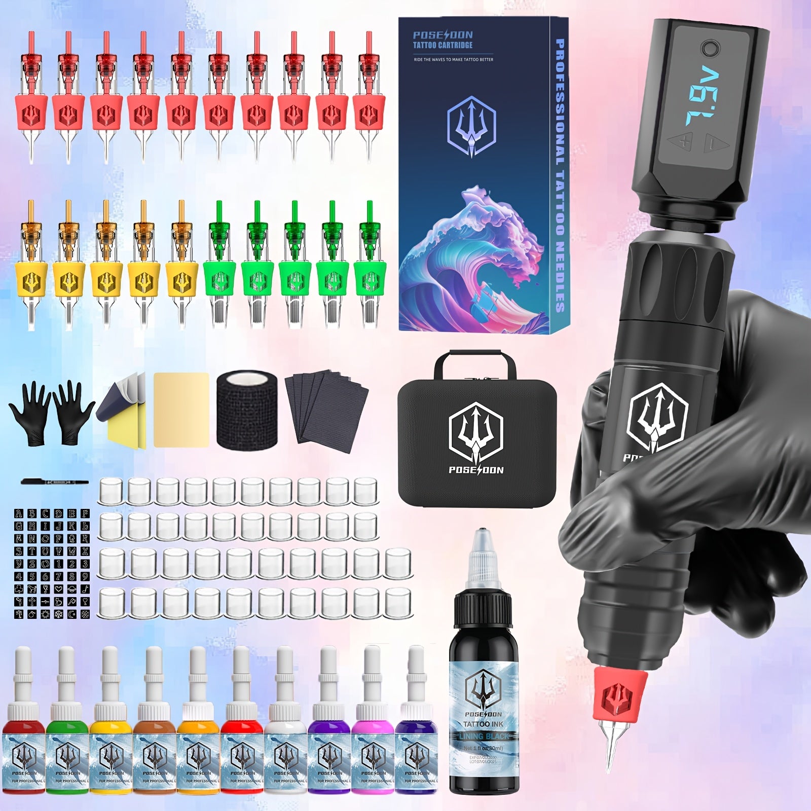 POSEIDON Tattoo Kit - Tattoo Machine Kit Tattoo Gun Kit with 20pcs Cartridge Needles Tattoo Pen Kit for Beginners Rotary Tattoo Machine Pen Kit Complete Tattoo Kit Tattoo Supplies