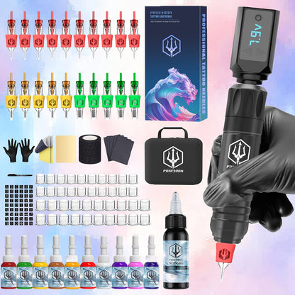 Rotary Tattoo Machine Kit Complete - Wireless Tattoo Pen with LCD Display, 1500mAh Battery, 20pcs Cartridge Needles, Ink, Practice Skin & Full Supplies for Beginners & Artists TK035