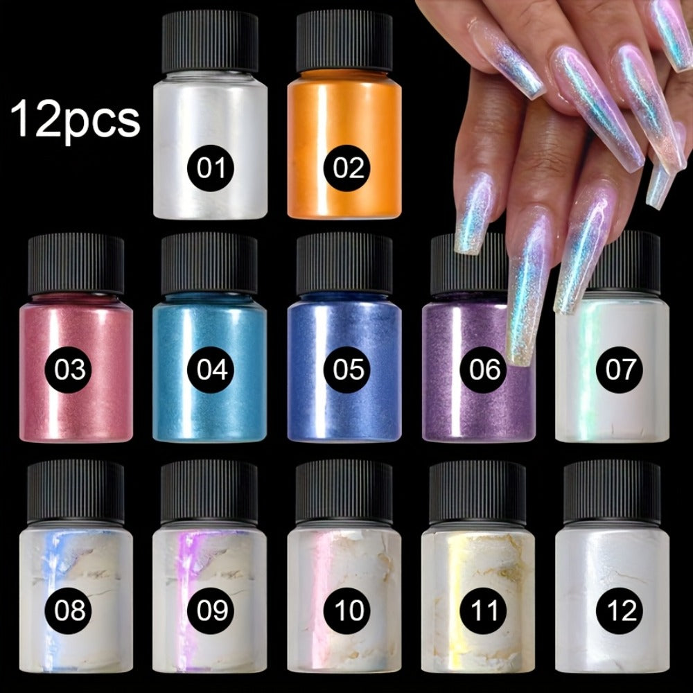 12 Colors Aurora Nail Powder with Pearl Glitter, Neon Dust for Chrome Nail Art, Dipping Powder for Decoration And Nail Charms