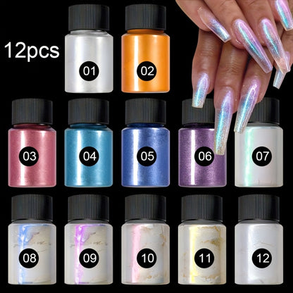 Aurora Nail Powder 12 Colors Chrome - Pearl Glitter Neon Dust for Chrome Nail Art Dipping Powder Decoration & Nail Charms - Holographic Iridescent Nail Pigment Set