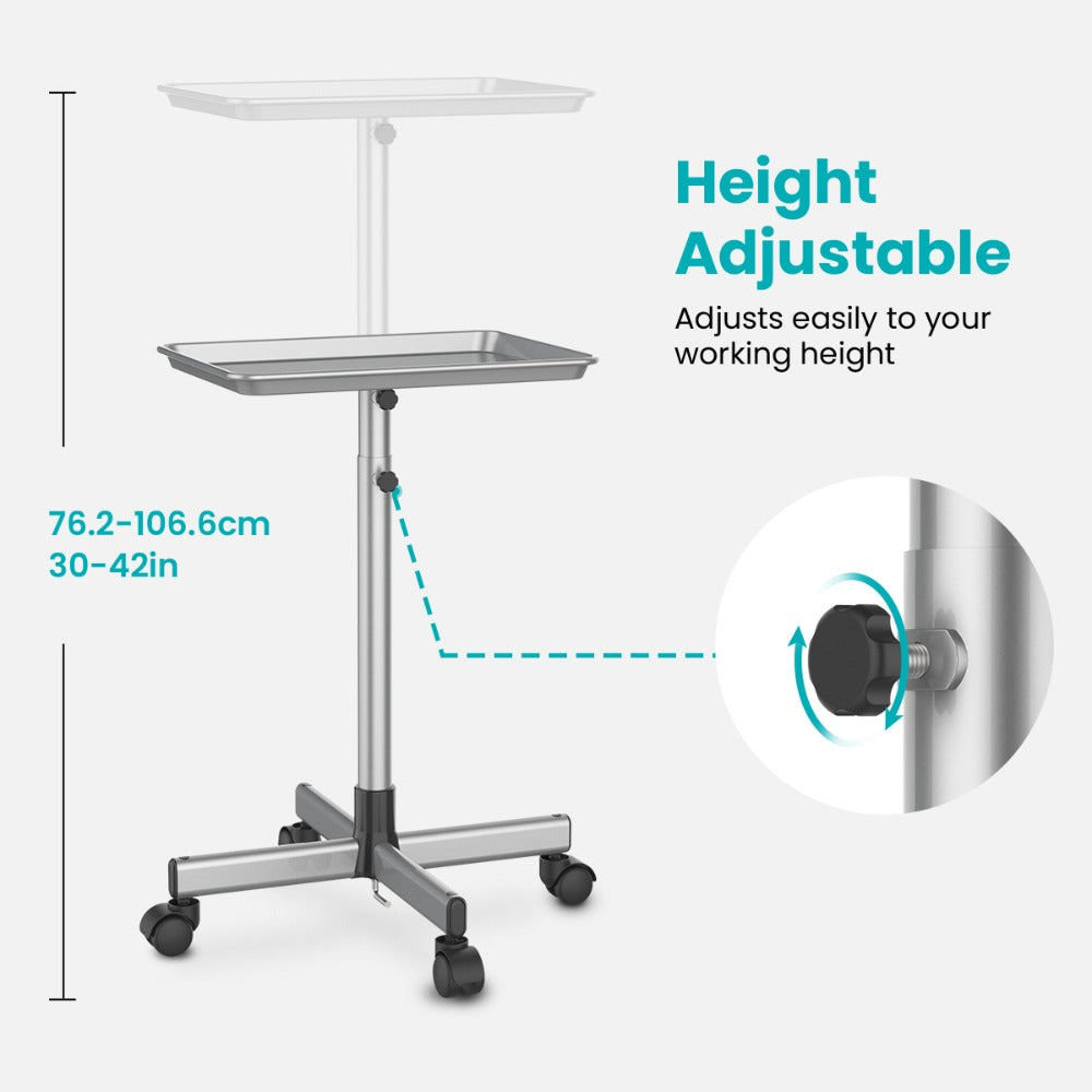 30'' - 42'' Height Adjustable Premium Salon Tray on Wheels, Salon Rolling Tray Trolley