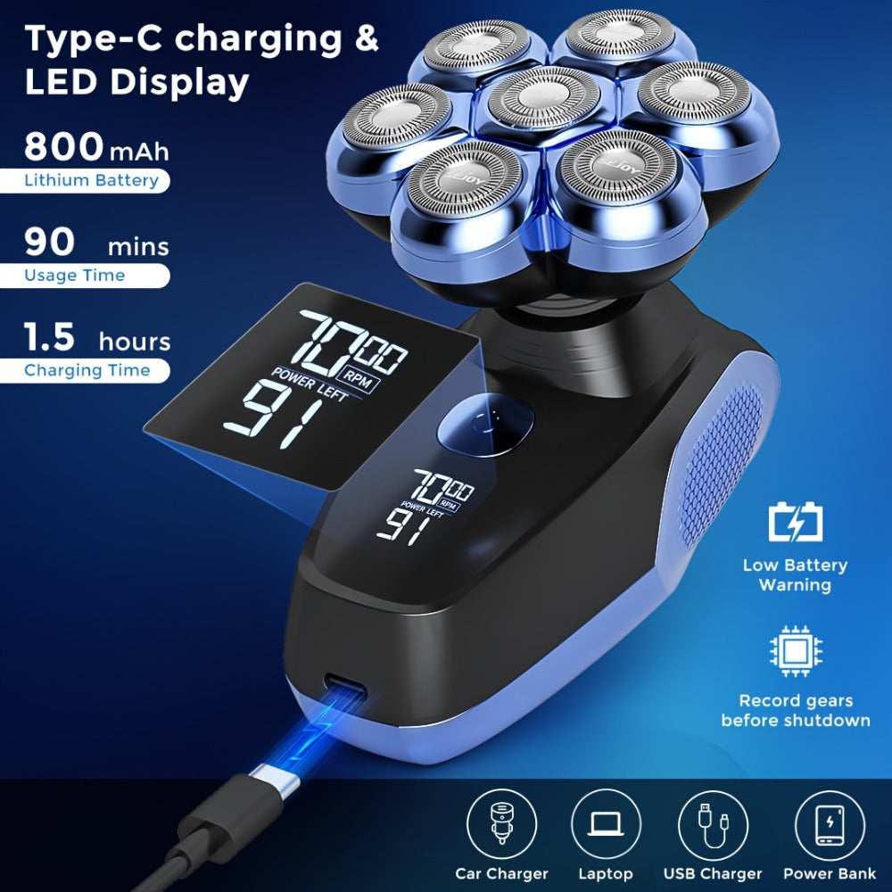 Head Shavers for Bald Men, 7D Wet/Dry Waterproof Head Shaver, Cordless, Type-C Rechargeable 6500-7500RPM 5-in-1 Electric Razor Grooming Kit, with Nose Hair Trimmer, Mens Rotary Shaver for Best Gift