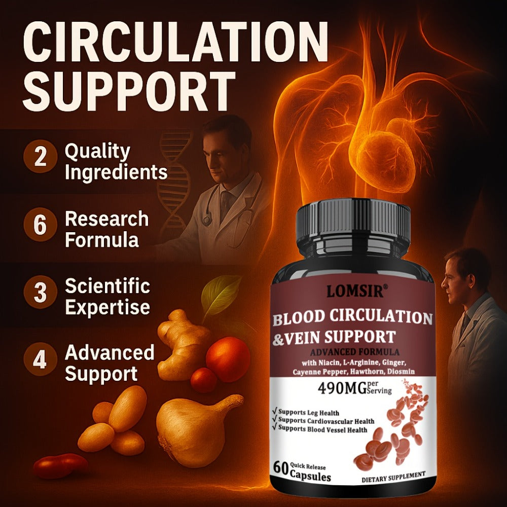 Blood Circulation Supplement, Supports Leg Vein, Heart, Vessels And Cardiovascular Health with Niacin, L-Arginine, Ginger, Cayenne Pepper, Hawthorn, Diosmin, Blood Flow Pills - 60 Capsules