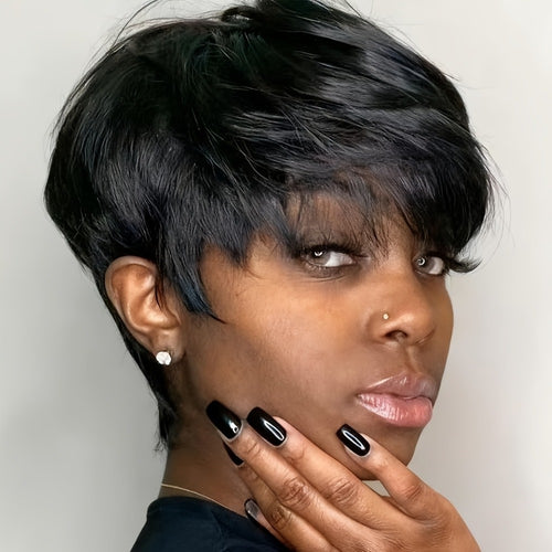 Brazilian Human Hair Pixie Cut Wig 150% Density Short Straight Wig for Women Machine Made Rose Net Cap Glueless Natural Black 4 Inch Beginner Friendly Easy Wear