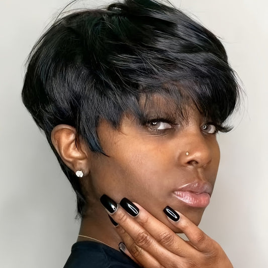 1pc Women'S Short Pixie Cut Wig - 150% Density Brazilian Human Hair, Basics Style Straight, Machine Made Rose Net Cap, Easy to Wear for Beginners