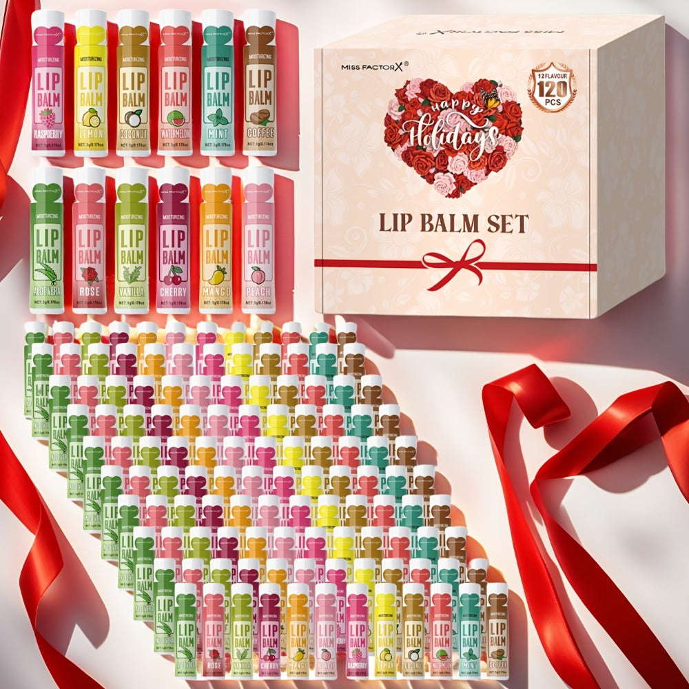 Lip Balm Gift Set 120 Pcs - 12 Flavors Moisturizing Lip Butter with Jojoba Oil, Glossy Natural Shine, Long-Lasting Hydration for All Skin Types, Holiday Party Gift
