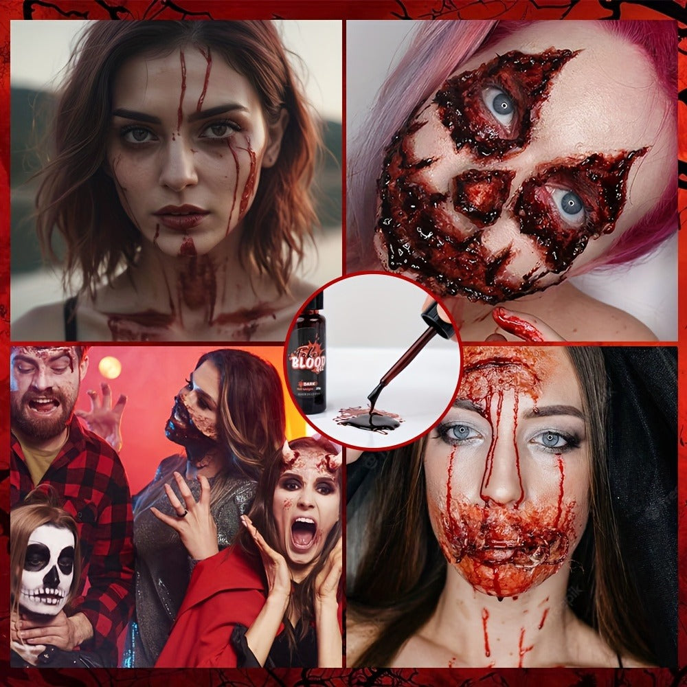 3pcs Fake Blood Makeup Kit, Realistic Sticky Fake Fresh Blood with Brush, Washable Coagulated Dark Old Blood, Theater, Zombie, Vampire Monster SFX Scary Clown Cosplay Makeup Special Effects Dress Up