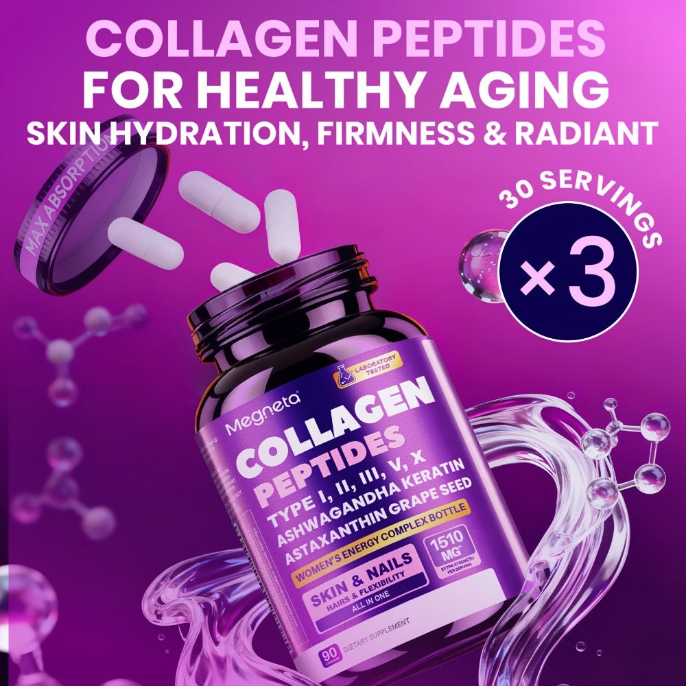 Collagen Powder Capsules - Type I, II, III, V, X with Vitamin C, Hyaluronic Acid & Biotin | for Skin Hydration & Elasticity, Hair & Nail | for Men & Women, 3-Party Tested, 90 Capsules