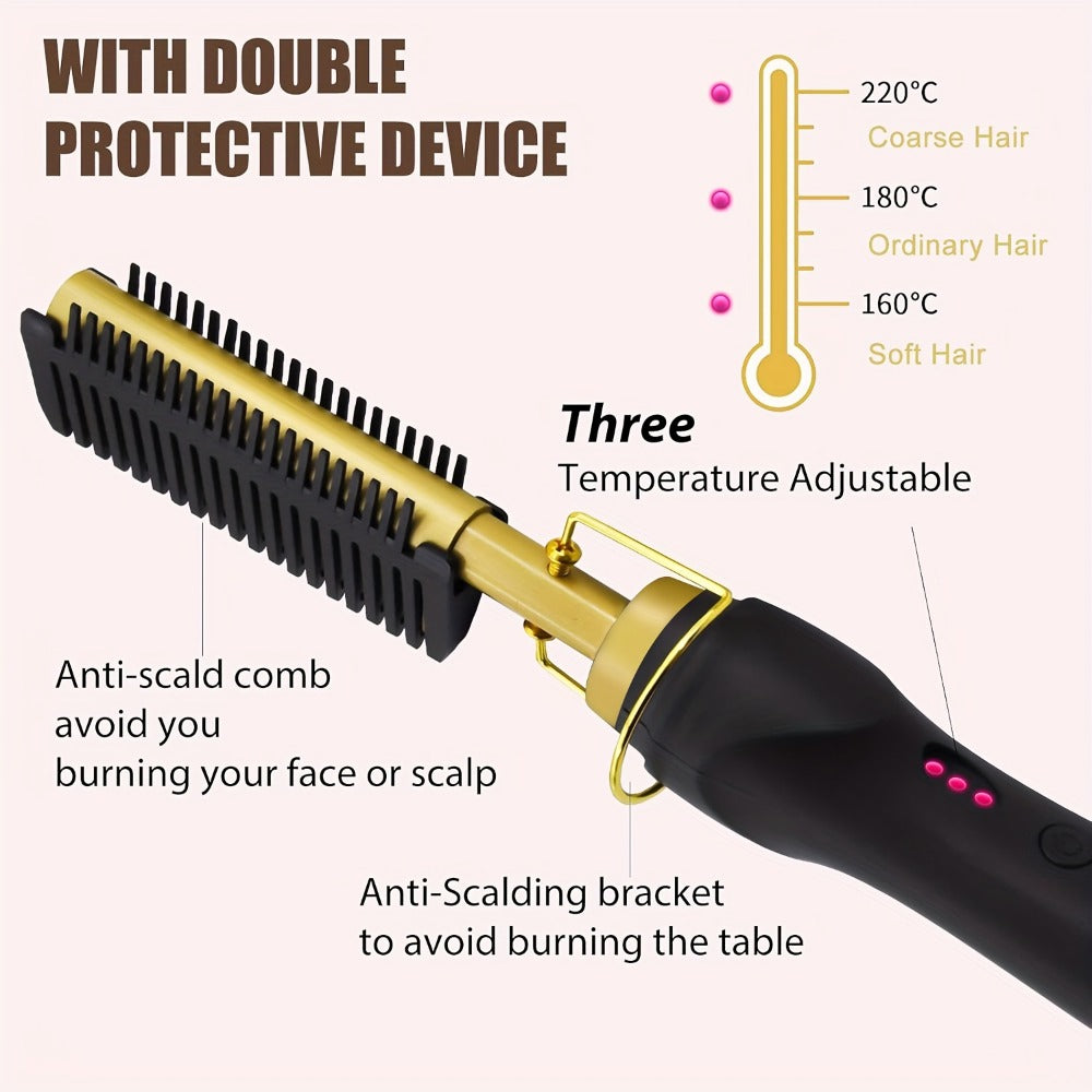 Hot Comb Hair Straightener, 2in 1 Ceramic Comb Safe Portable Curling Iron Heated Brush, Fake Electricity Heated Comb, Beard, Portable Anti-burn Curling Ceramic Straightening Pressing Comb, Suitable for Home and Travel, Holiday Gift