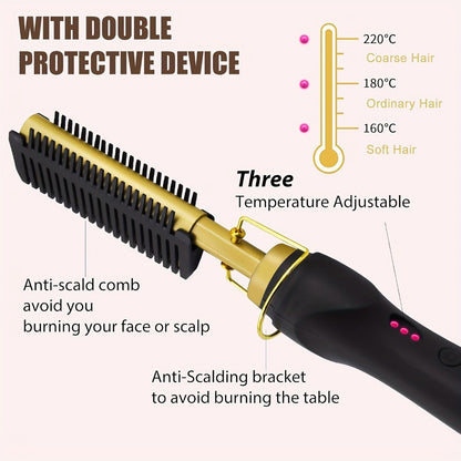 Hot Comb Hair Straightener 2-in-1 Ceramic Heated Brush - Anti-Burn Pressing Comb Curling Iron Portable for Home Travel Beard Styling Gold