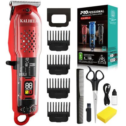 Hair Clippers for Men - Electric Hair Trimmer with LCD Display, Retro Transparent Body, USB Rechargeable Beard Trimmer for Pompadour Styles, Red Black Blue