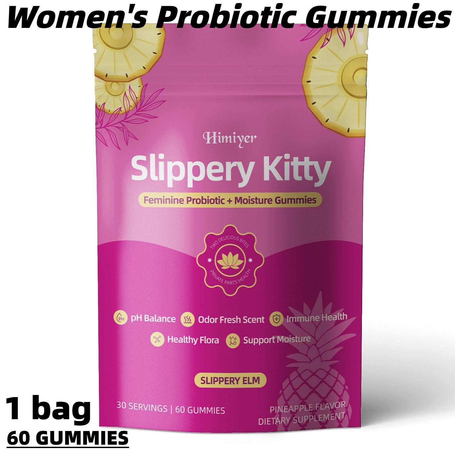 2026 New - Women'S Probiotic Gummies with Slippery Elm for Ph Balance And Freshness, Promoting Healthy Flora, Pineapple Flavor | Vitamins And Supplements | 60 Gummies Per Bag - 30-Day Supply, Available from a Local Warehouse