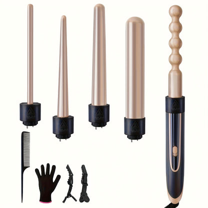 Curling Wand Set 5-in-1 — Ceramic Interchangeable Barrels 0.4”–1.25”, 30s Fast Heat, Dual Voltage Hair Curler Iron for Women, Long & Short Hair Styling with Heat-Resistant Glove