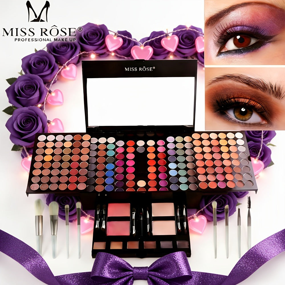 Makeup Palette Kit 190 Colors by MISS ROSE – 4-in-1 Full Face Set with Eyeshadow, Blush, Powder & Eyebrow, 8 Brushes & Mirror, Professional Makeup Kit for Women, Girls & Beginners