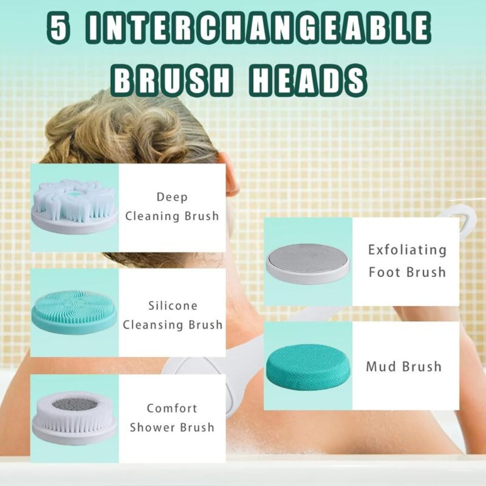 5-in-1 Electric Body, Back and Face Shower Brush, Soft Exfoliating Brush and Rotating Cleanser - Suitable for Full Body, Back and Face - Home Spa Essentials - Shower Back Scrub, Body Care Equipment, Ergonomic Handle
