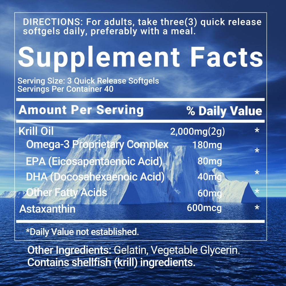 Antarctic Krill Oil - 2000 Mg - Rich in Omega-3 EPA, DHA and Astaxanthin - Supports Bone, Immune Health - 120pcs