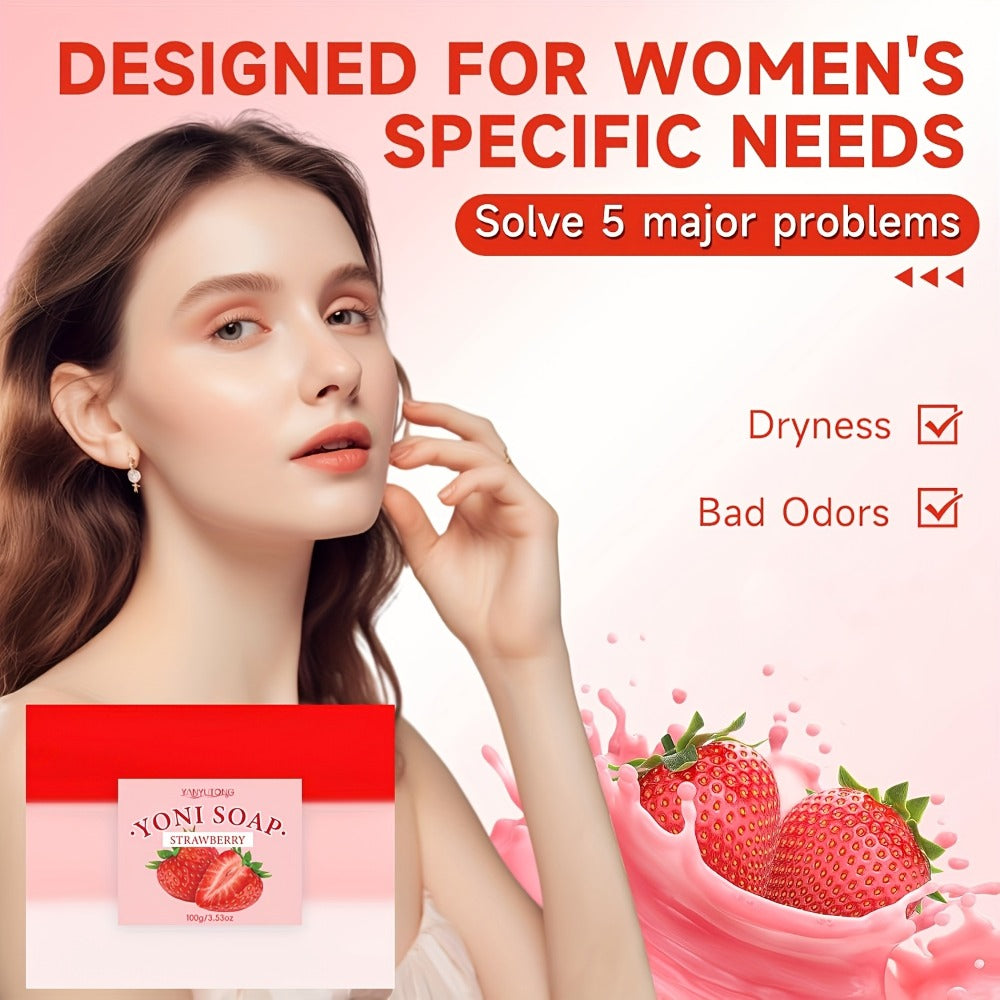 4pcs Women's Bath Set with Strawberry Scented Yoni Oil And Yoni Soap. The Yoni Bath Set Is Used to Balance, Remove Odors, Moisturize, Soap, And Bath Products