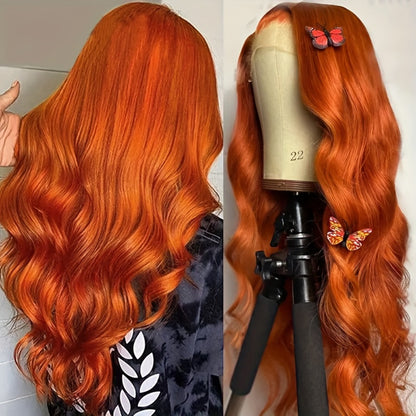 4x4 Lace Front Wig Ginger Orange Body Wave Bob Human Hair 150% Density Pre-Plucked Baby Hair Natural Hairline Colored Wig for Women Versatile Styling 14 & 20 Inch