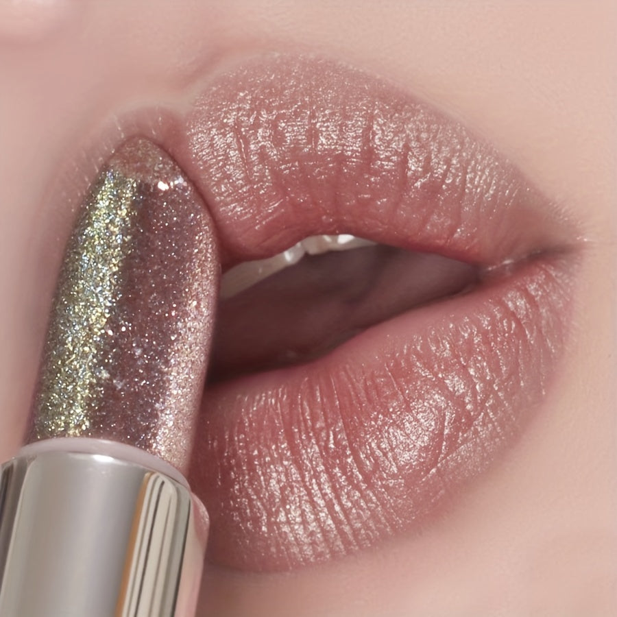 3pcs Nude Brown Pearlescent Lipstick Chewy Golden Metallic Texture with Golden Bling Glitter Lipstick Suitable for All Light Beige Daily Light Makeup Plain Face Available for Music Festival