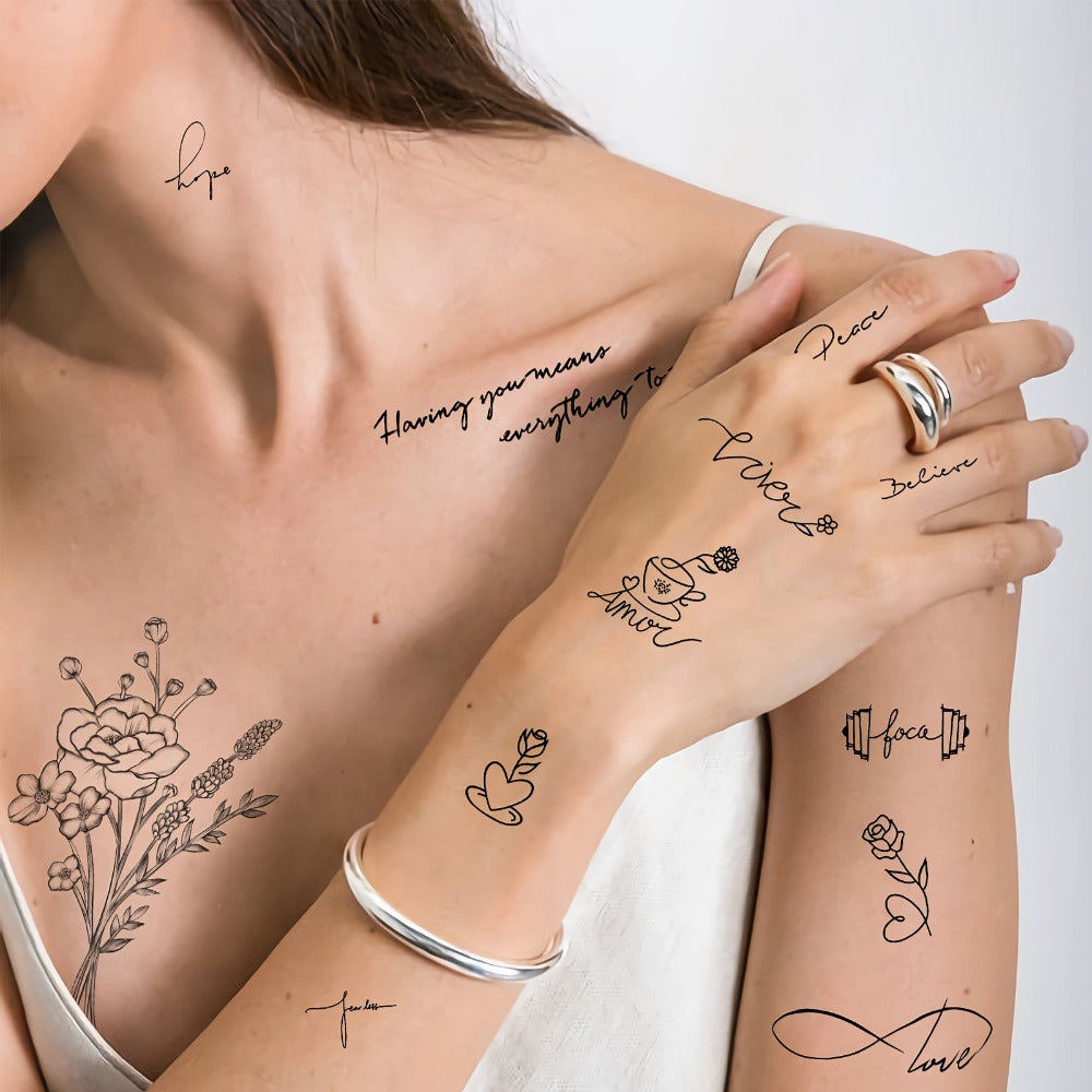 30pcs of Waterproof Temporary Tattoos Featuring Realistic Floral And Letter Designs Suitable for Everyone