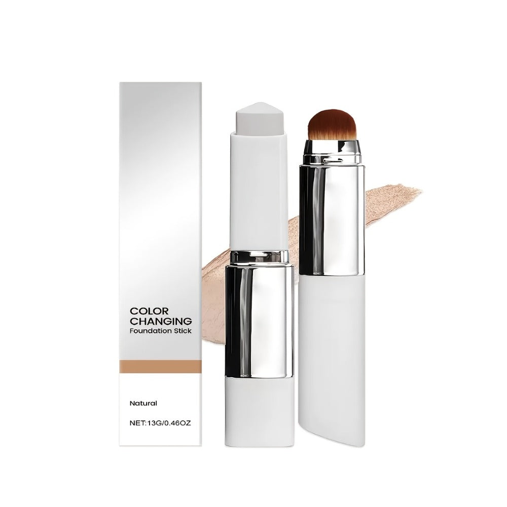 Color-Changing Foundation Stick 2PCS with Built-In Brush & Puff - Skin Tone Adapting Lightweight Matte Finish Sheer to Buildable Coverage Everyday Makeup for Women Ivory White Natural & Dark Skin