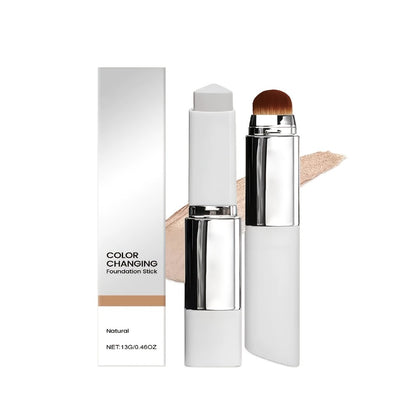 Color-Changing Foundation Stick 2PCS with Built-In Brush & Puff - Skin Tone Adapting Lightweight Matte Finish Sheer to Buildable Coverage Everyday Makeup for Women Ivory White Natural & Dark Skin