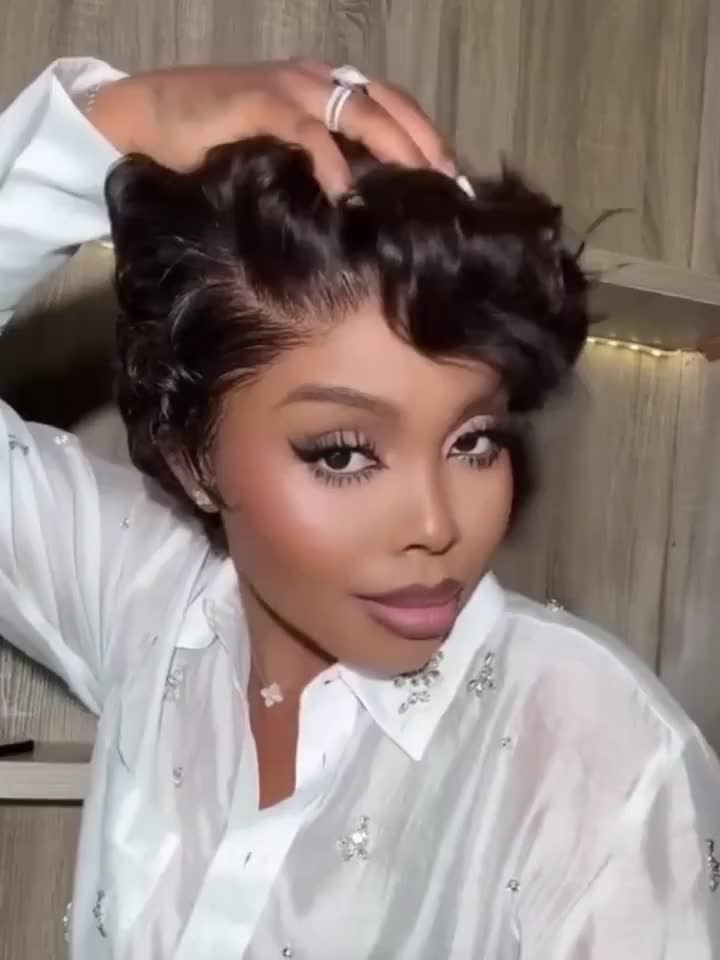 [Lace Front Pixie Wig] Curly Wavy 13x4 Lace Front Pixie Cut Wigs Real Human Hair Body Wave Short Wig, 13x4 HD Lace Frontal Wig Pre Plucked Elegant Loose Deep Curly Wave Pixie Cut Finger Wavy Mommy Wigs
