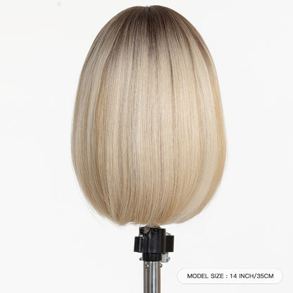 White Golden Wig with Bangs Synthetic Straight 14 Inch Shoulder Length Full Bangs Glueless High Temp Silk Fiber Rose Net Cap for Women Wedding Bridal Party Daily Wear