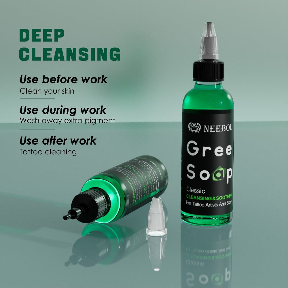 Neebol Green Soap Tattoo Cleaning Solution for Skin Prep Before And After Tattooing, Tattoo Supplies, Tattoo Kit, 8.5oz Tattoo Soap with Squeeze Bottle, Moisturizing Tattoo Balm Cream for Vibrant Color, Tattoo Wipes Cleasing Cloth, Easter Gifts