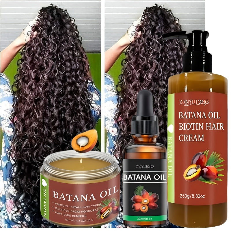 [Make Hair Look Thicker] 3pcs Honduras Batana Hair Cream And Batana Hair Oil And Batana Essential Oil, Pure Cold-Pressed Extract Containing Biotin to Nourish The Scalp And Hair, Strengthen And Prevent Breakage And Split Ends, Add Luster