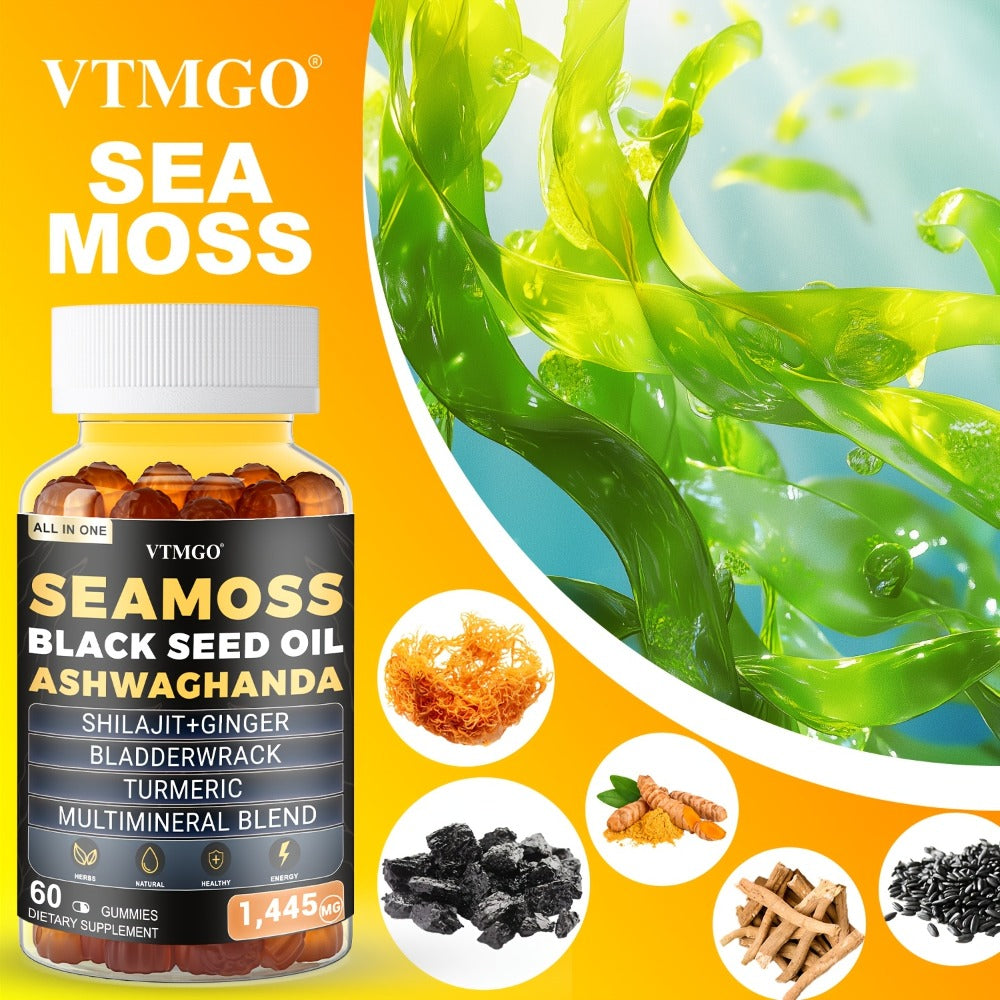 (1/2/3 Bottles)-Sea Moss&Shilajit, Black Seed Oil, Ashwagandha, Ginger, Gummies With Elderberry, Chlorophyll, Turmeric, Bladderwrack 1445Mg, Health, Natural, Antioxidant, Happiness, . 60 Gummies