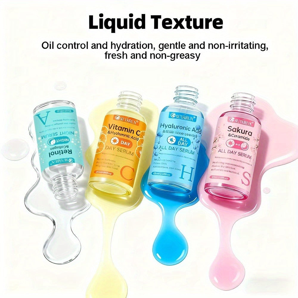 SUYARUN 4pcs Day And Night Vitamin C Retinol Hyaluronic Acid Cherry Blossom Ceramide Serum Set, with Collagen Aloe And Niacinamide, Brightens Light Beige, Firms Skin, Deeply Hydrates And Evens Light Beige. Unisex. Nourishing And Moisturizing