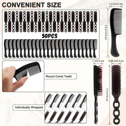 Bulk Hair Brushes & Combs Set 50pcs - Detangling Hairbrush with Fine Tooth Comb, Individually Wrapped Hygienic Packaging for Travel, Charity, Hotel & Salon Distribution
