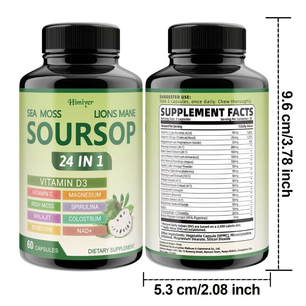 [Herbal Supplement Support] (1/3 Bottles) - Soursop Capsules, Vitamin D3, Vitamin C, Magnesium, Irish Moss, Shilajit, Berberine, NAD+, Advanced Herbal Supplement, Healthy Support, Immunity, Antioxidant, Circulatory System Support