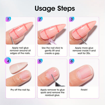 Nail Glue Remover 20ml with Precision Needle Applicator - Acetone Free Non-Irritating Formula for Press On Nails Gel X & Nail Tips - Fast Acting No-Mess Fake Nail Glue Remover for Women