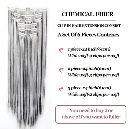 Clip In Hair Extensions Synthetic 6pcs 24 Inch Heat Resistant Black Gray for Women Halloween Costume Party Daily Wear Volume Boosting