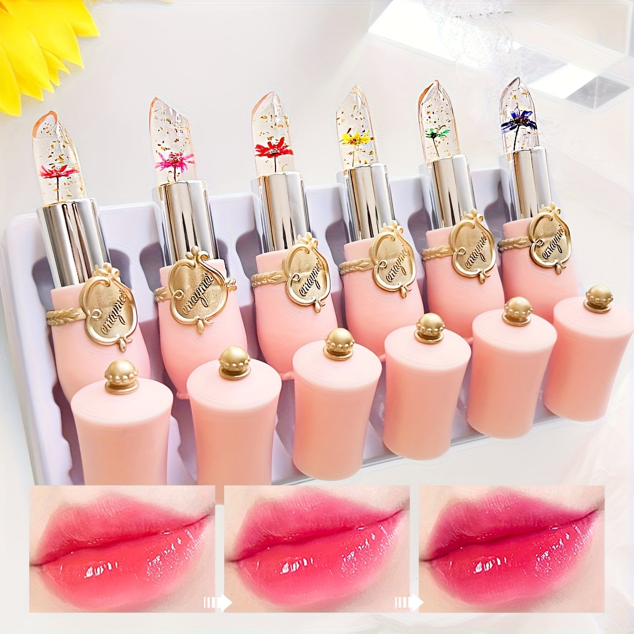 [Hydrating Jelly Lipstick] Emaymei 6pcs Thermal Color-Changing Lip Balm Set - Hydrating Jelly Lipstick with Dried Flower Extract, Sheer Moisturizing & Clear Gloss (Temperature-change)